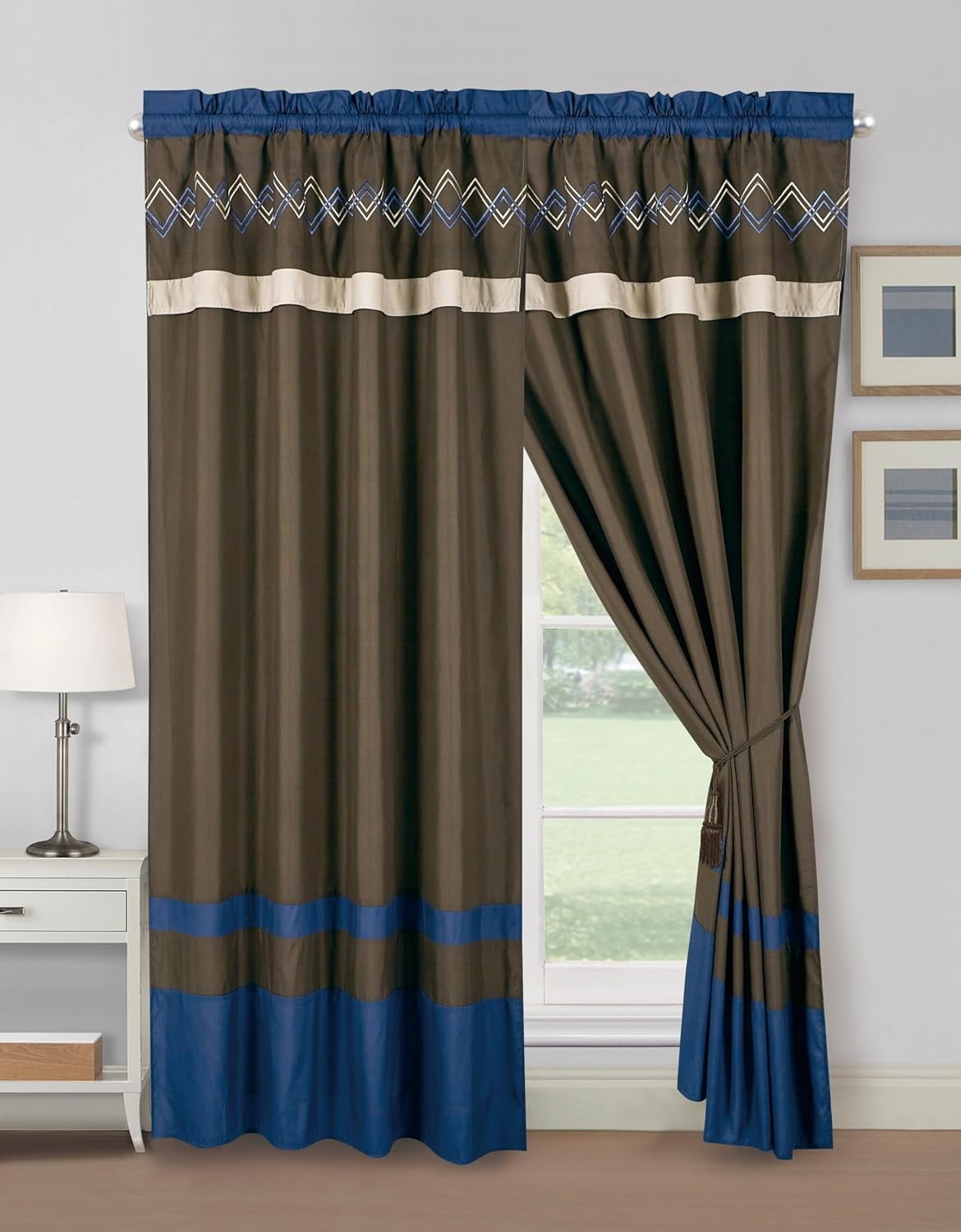 Modern Coffee and Navy Embroidered Polyester Curtain Panel Set