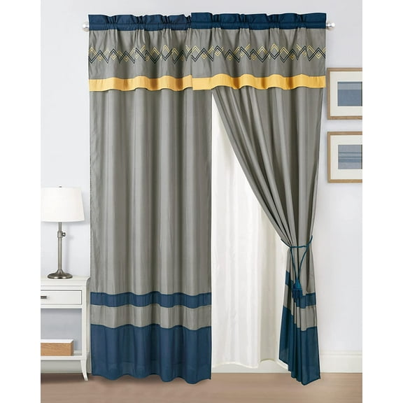Chezmoi Collection Arden 4-Piece Modern Navy/Gray/Yellow Zigzag Stripe Embroidery Window Curtain Panel Set with Sheer Backing Valance Tassels, 120 inch x 84 inch
