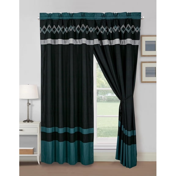 Chezmoi Collection Arden 4-Piece Modern Teal/Black/Gray Zigzag Stripe Embroidery Window Curtain Panel Set with Sheer Backing Valance Tassels, 120 inch x 84 inch
