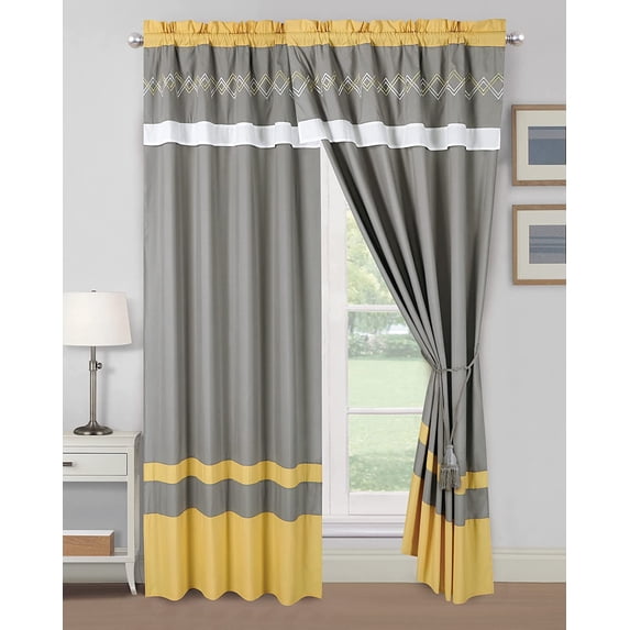 Chezmoi Collection Arden 4-Piece Modern Yellow/Gray/White Zigzag Stripe Embroidery Window Curtain Panel Set with Sheer Backing Valance Tassels, 120 inch x 84 inch