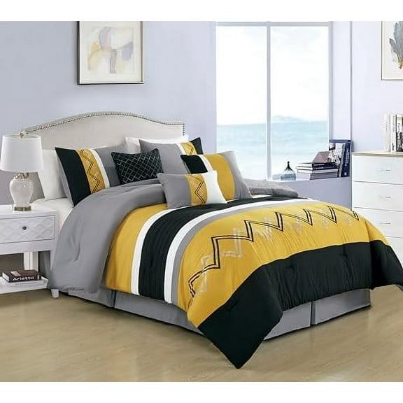 Chezmoi Collection Arden 7-Piece Modern Pleated Stripe Embroidered Zigzag Bedding Comforter Set (Queen, Turmeric/Black/Silver Gray/White)