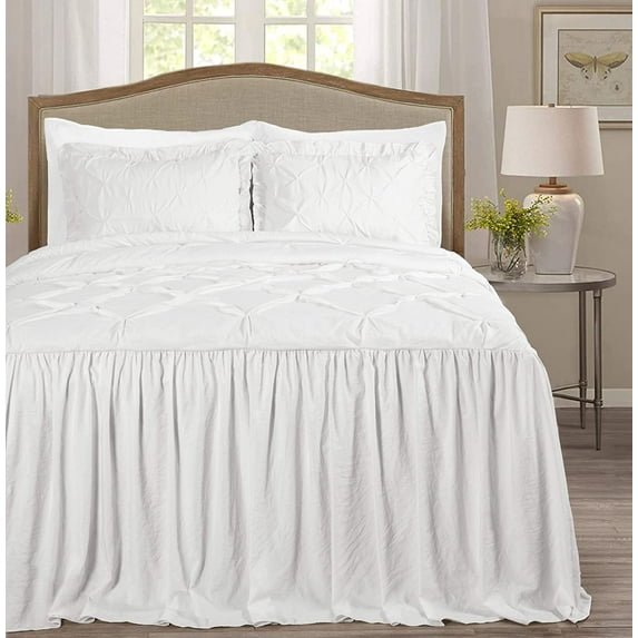 Chezmoi Collection Aria 3-Piece Pintuck Ruffle Skirt Bedspread Set, Soft Lightweight French Country Chic Farmhouse Pinch Pleat Crinkled Texture Microfiber Bedding, California King, Ivory