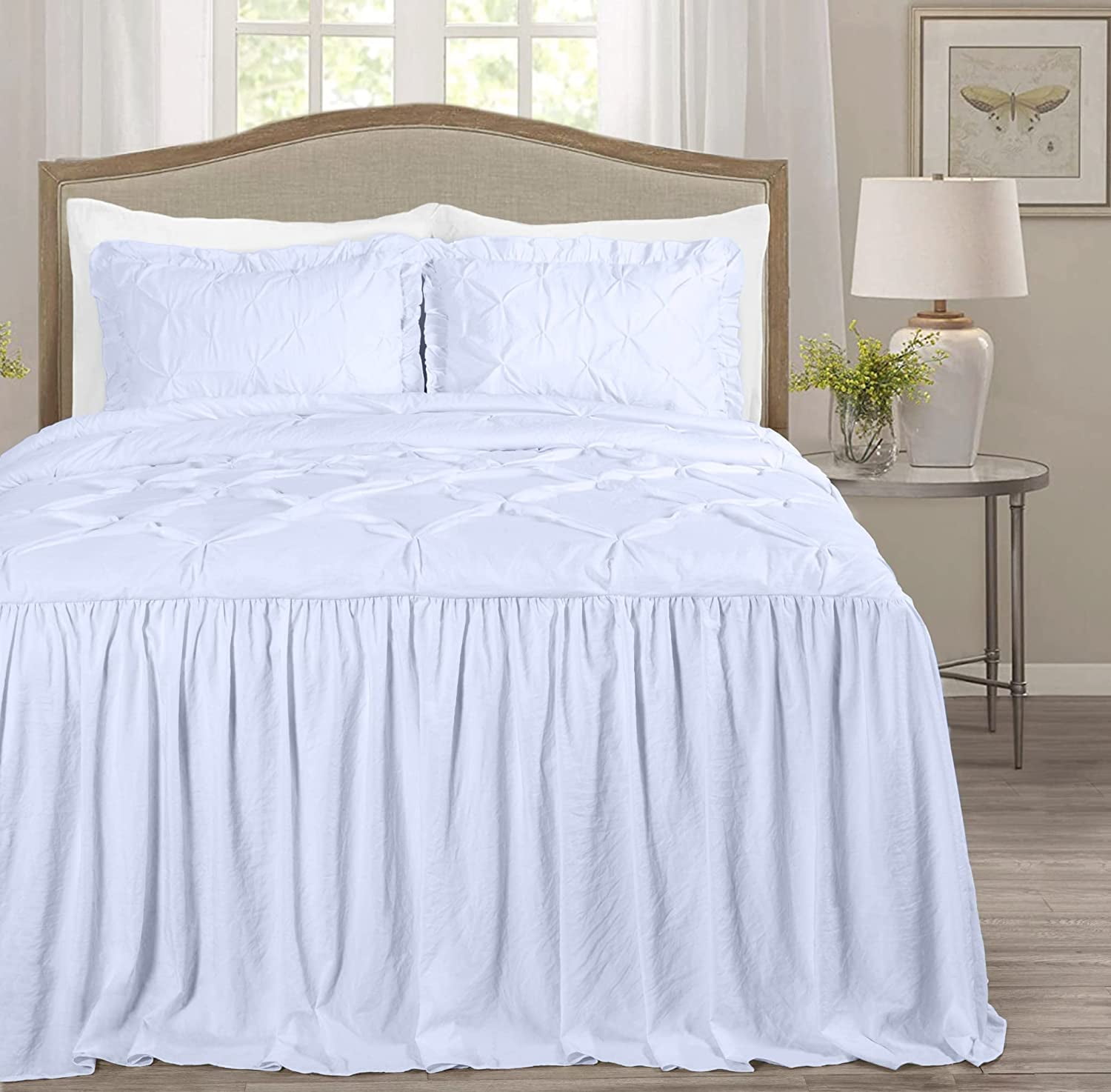 White Cotton California King Bedspread Set with Ruffle Skirt