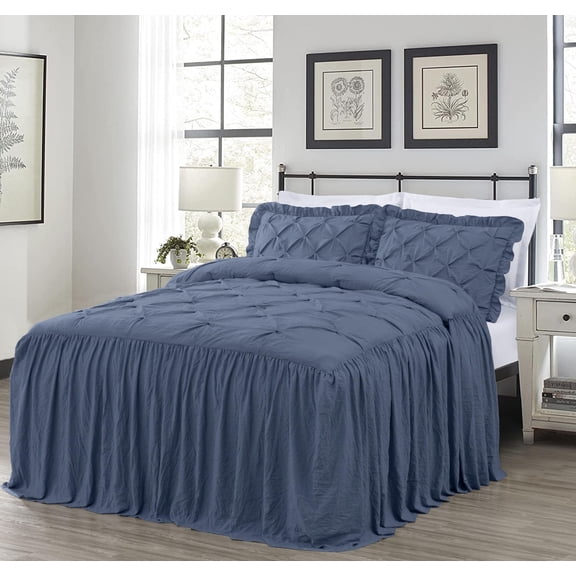 Chezmoi Collection Aria 3-Piece Pintuck Ruffle Skirt Bedspread Set, Soft Lightweight French Country Chic Farmhouse Pinch Pleat Crinkled Texture Microfiber Bedding, King, Dusty Blue