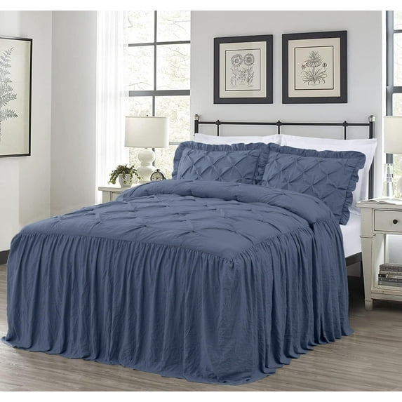 Chezmoi Collection Aria 3-Piece Pintuck Ruffle Skirt Bedspread Set, Soft Lightweight French Country Chic Farmhouse Pinch Pleat Crinkled Texture Microfiber Bedding, Queen, Dusty Blue