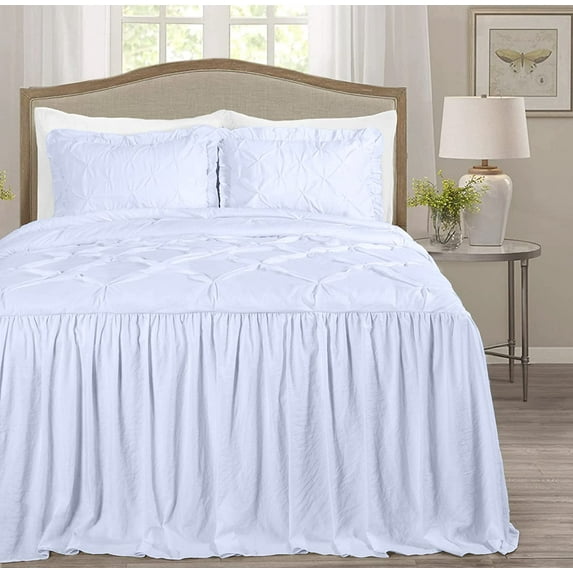 Chezmoi Collection Aria 3-Piece Pintuck Ruffle Skirt Bedspread Set, Soft Lightweight French Country Chic Farmhouse Pinch Pleat Crinkled Texture Microfiber Bedding, Queen, White