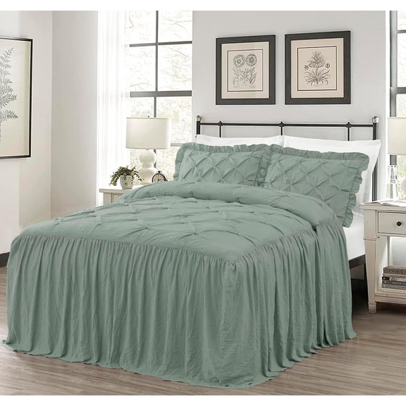 Chezmoi Collection Aria 3-Piece Pintuck Ruffle Skirt Bedspread Set, Soft Lightweight French Country Chic Farmhouse Pinch Pleat Crinkled Texture Microfiber Bedding, Full, Sage Green