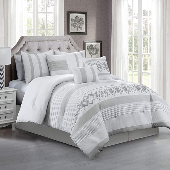 Chezmoi Collection Ariel 7-Piece Geometric Chenille Embroidery Comforter Bedding Set, Queen, Gray