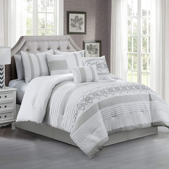 Chezmoi Collection Ariel 7-Piece Geometric Chenille Embroidery Comforter Bedding Set, Queen, Gray