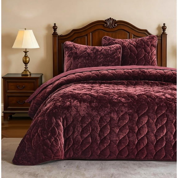 Chezmoi Collection Aspen 3-Piece Distressed Velvet Quilt Set, Luxury Leaf Quilted Velvet Bedspread, Lightweight All Season Coverlet, Reversible Brushed Microfiber Bedding, Burgundy, King Size