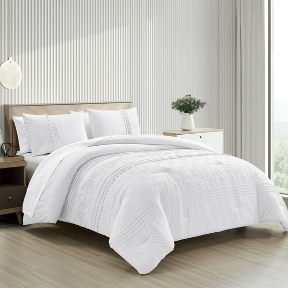 Chezmoi Collection Athena California King Bed in a Bag 7-Pieces Floral Chenille Embroidered Pom Pom Stripe Comforter Set with Sheets All Season Bedding Set, California King, White