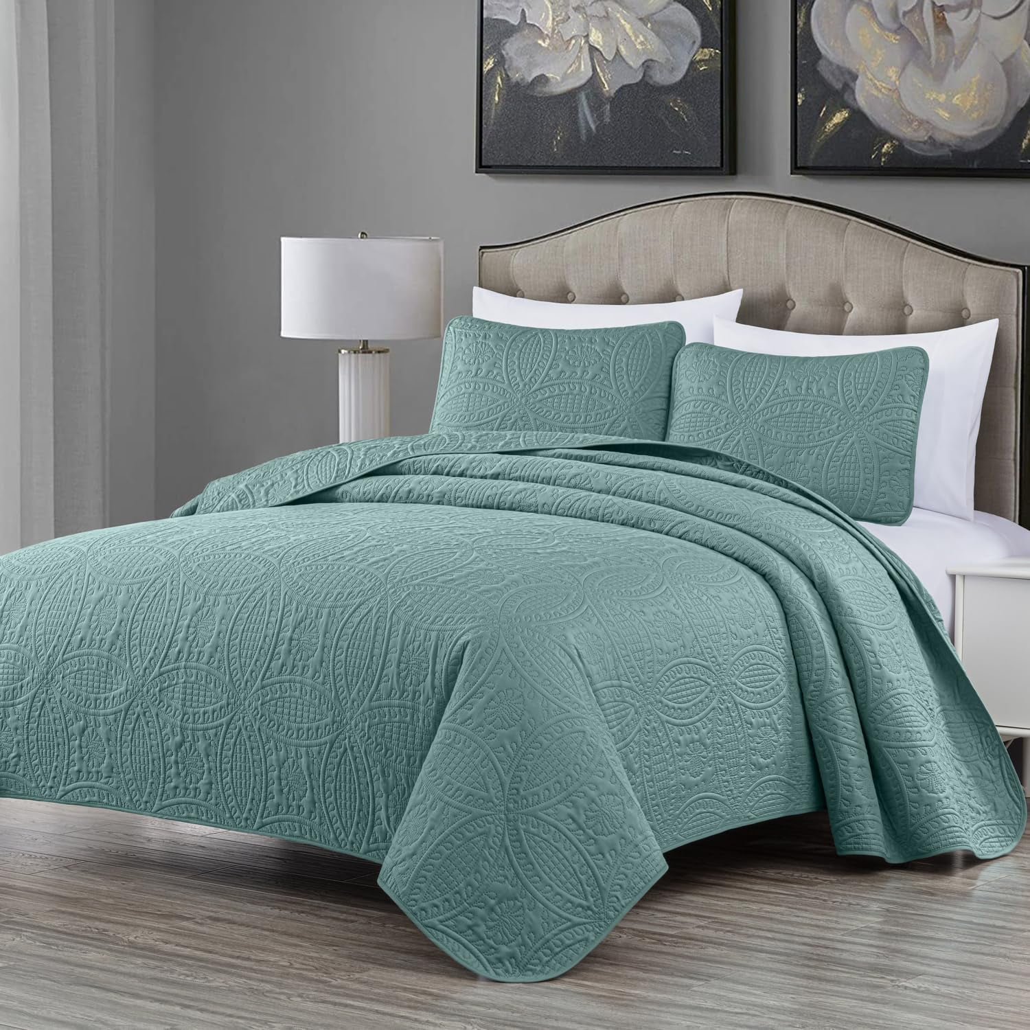 Queen Blue Microfiber Reversible Bedspread Set