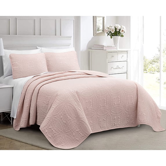 Chezmoi Collection Austin King Oversized Bedspread Set, 3-Piece Lightweight Microfiber Quilted Coverlet for All Seasons, Blush