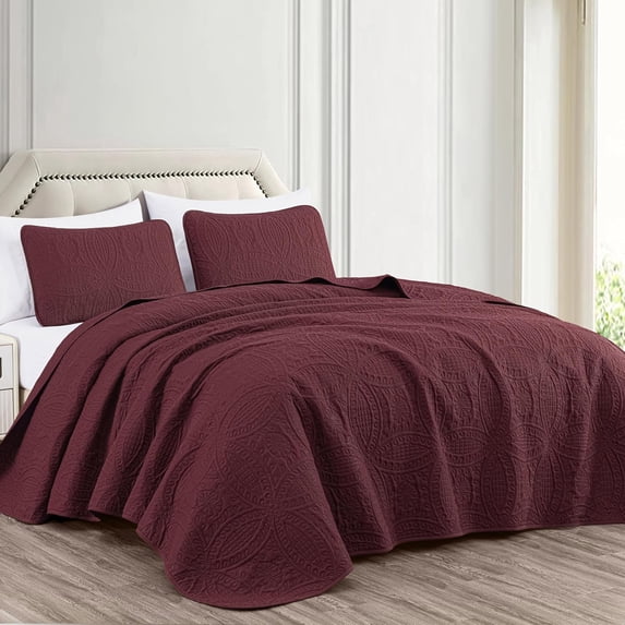 Chezmoi Collection Austin Queen Oversized Bedspread Set, 3-Piece Lightweight Microfiber Quilted Coverlet for All Seasons, Burgundy