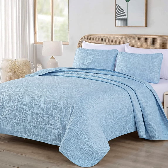 Chezmoi Collection Austin King Oversized Bedspread Set, 3-Piece Lightweight Microfiber Quilted Coverlet for All Seasons, Chambray Blue
