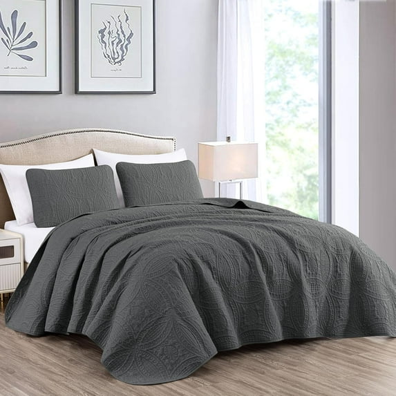 Chezmoi Collection Austin Queen Oversized Bedspread Set, 3-Piece Lightweight Microfiber Quilted Coverlet for All Seasons, Charcoal