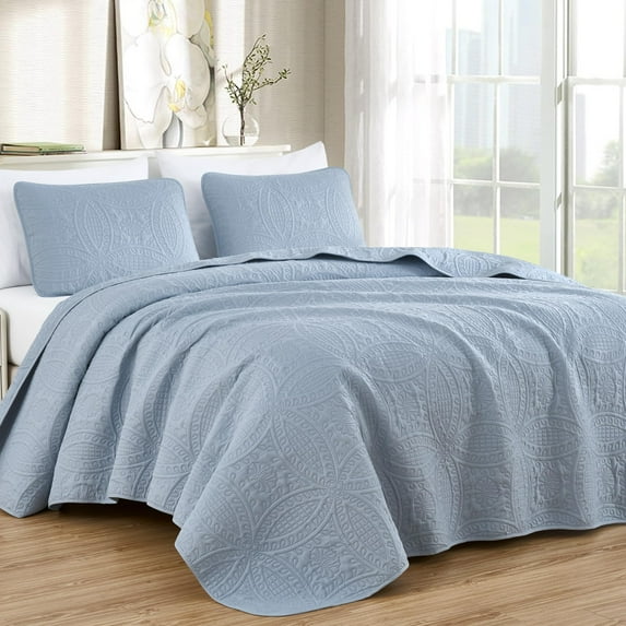 Chezmoi Collection Austin Queen Oversized Bedspread Set, 3-Piece Lightweight Microfiber Quilted Coverlet for All Seasons, Cool Gray