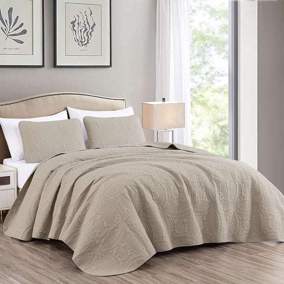 Chezmoi Collection Austin Queen Oversized Bedspread Set, 3-Piece Lightweight Microfiber Quilted Coverlet for All Seasons, Khaki