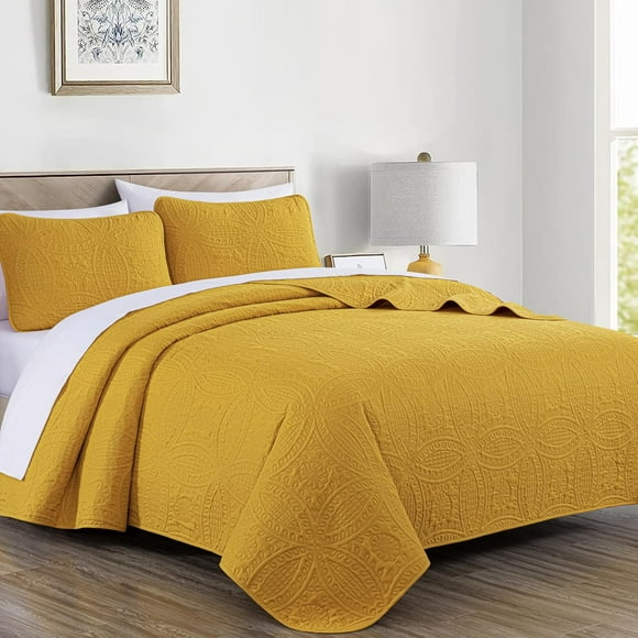 Chezmoi Collection Austin 3-Piece Oversized Bedspread Coverlet Set, Lightweight Reversible Bedding Cover for All Season, Mustard Yellow, Queen