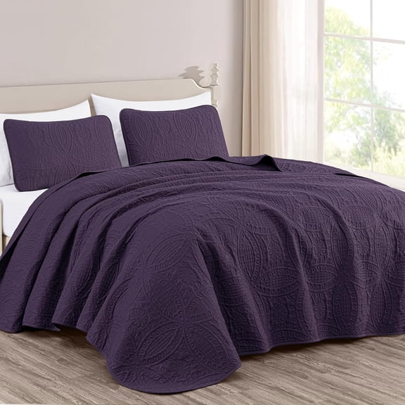 Chezmoi Collection Austin King Oversized Bedspread Set, 3-Piece Lightweight Microfiber Quilted Coverlet for All Seasons, Purple