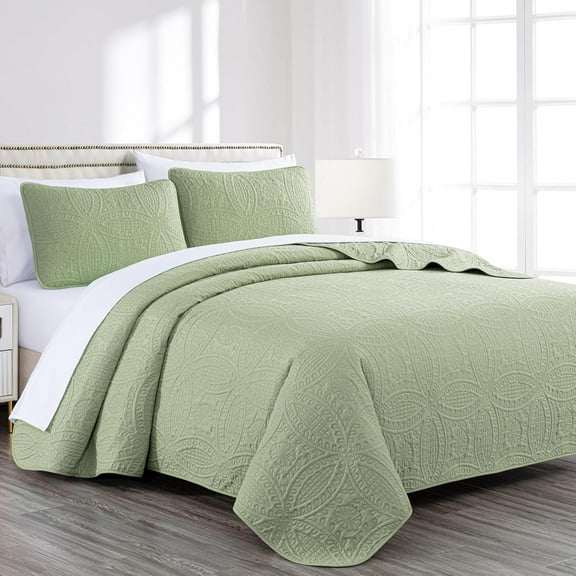 Chezmoi Collection Austin Queen Oversized Bedspread Set, 3-Piece Lightweight Microfiber Quilted Coverlet for All Seasons, Sage