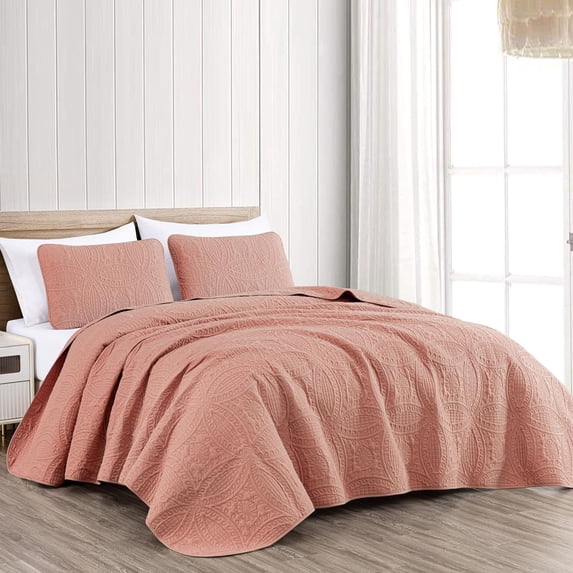 Chezmoi Collection Austin King Oversized Bedspread Set, 3-Piece Lightweight Microfiber Quilted Coverlet for All Seasons, Salmon