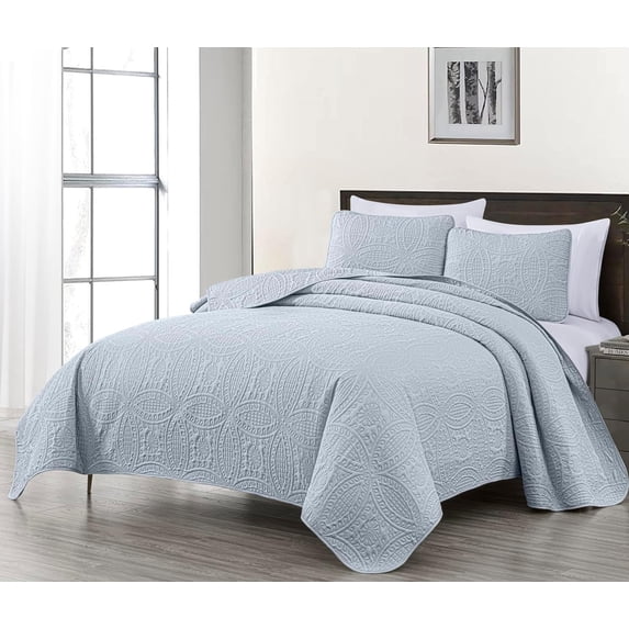 Chezmoi Collection Austin King Oversized Bedspread Set, 3-Piece Lightweight Microfiber Quilted Coverlet for All Seasons, Silver