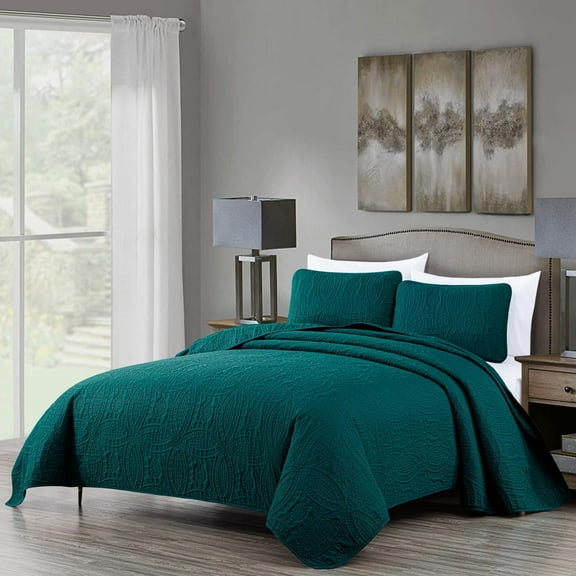 Chezmoi Collection Austin Queen Oversized Bedspread Set, 3-Piece Lightweight Microfiber Quilted Coverlet for All Seasons, Teal