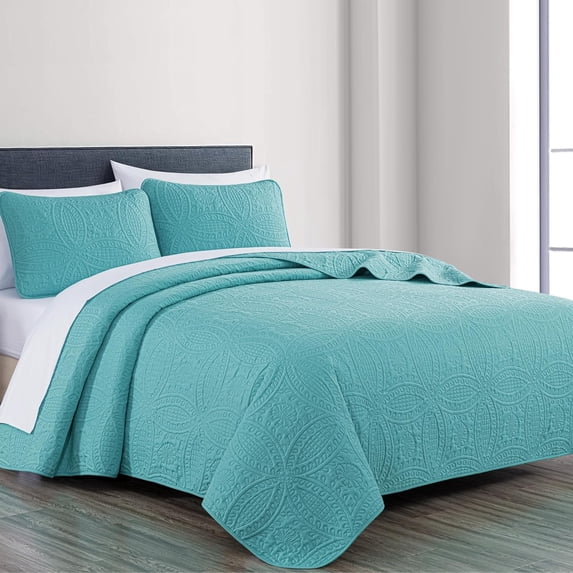 Chezmoi Collection Austin King Oversized Bedspread Set, 3-Piece Lightweight Microfiber Quilted Coverlet for All Seasons, Turquoise