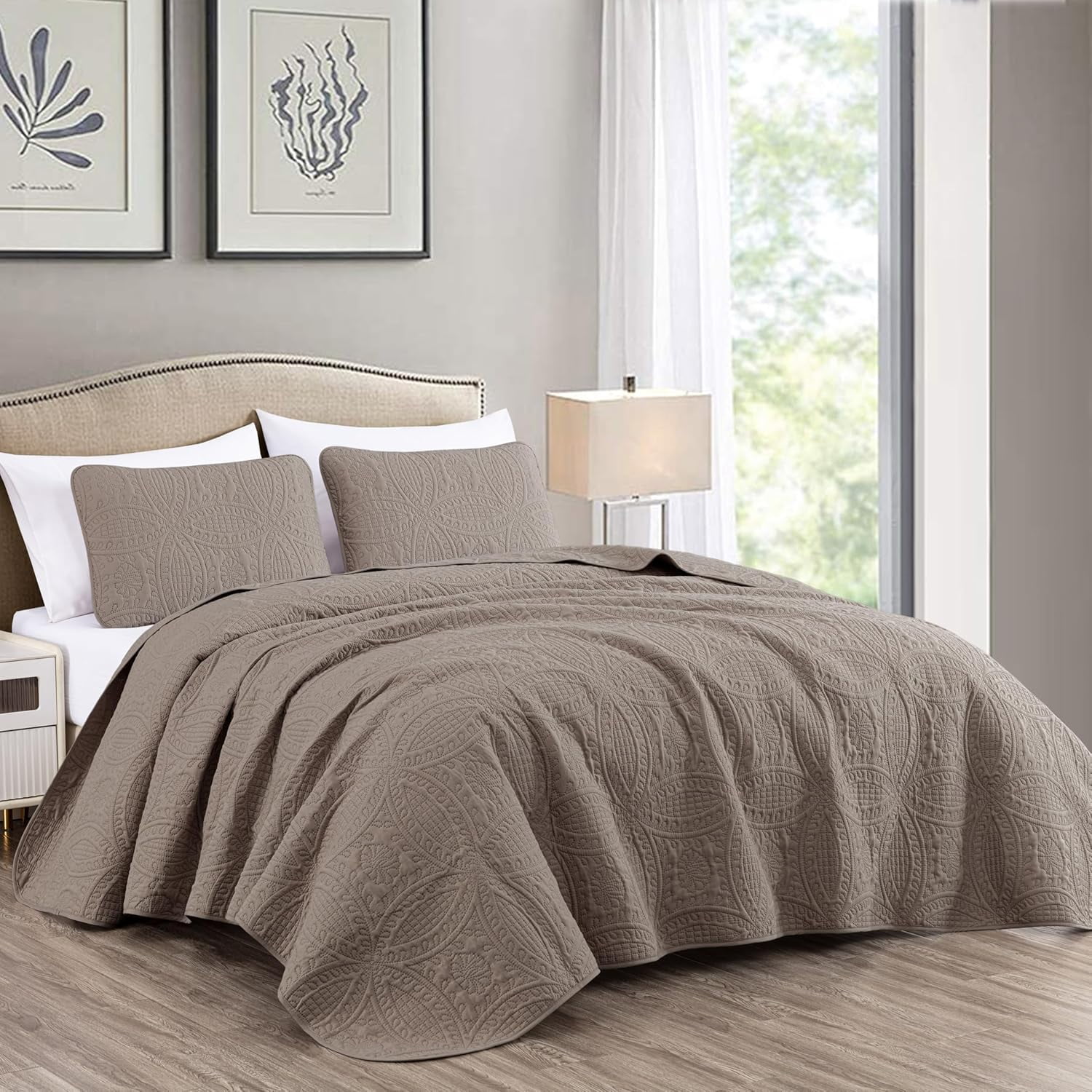 Taupe Queen Microfiber Geometric Pattern Bedspread Set