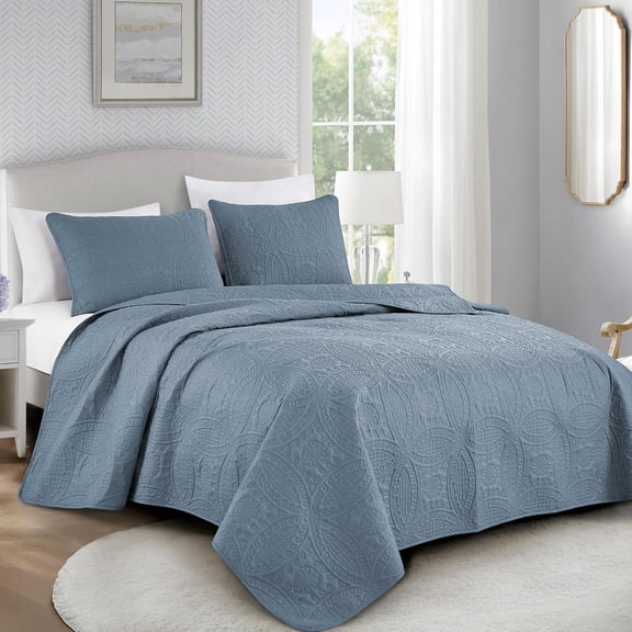 Chezmoi Collection Austin King Oversized Bedspread Set, 3-Piece Lightweight Microfiber Quilted Coverlet for All Seasons, Grayish Blue
