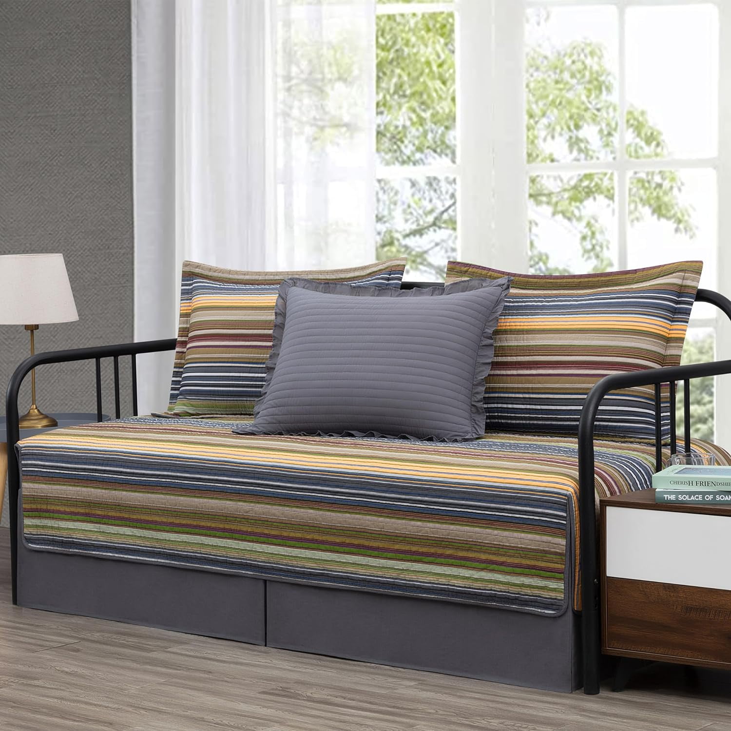 Multi-Color Green Striped Cotton Daybed Quilt Set