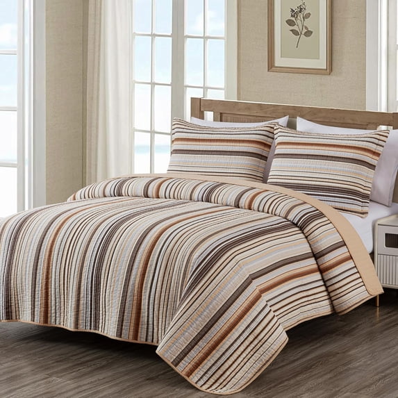 Chezmoi Collection Avery Striped Cotton Quilt Set King Size, 3-Piece Soft Pre-Washed 100% Cotton Quilt, Multi-Color Brown