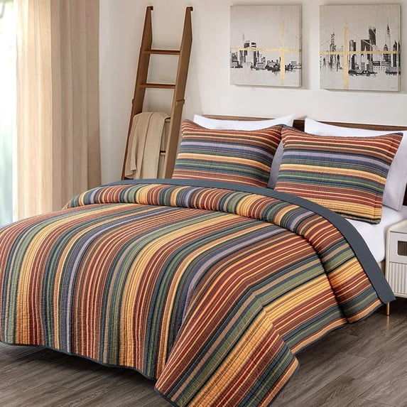 Chezmoi Collection Avery Multi-Color Striped Cotton Quilt, King Size - Soft, Pre-Washed (3 Count)