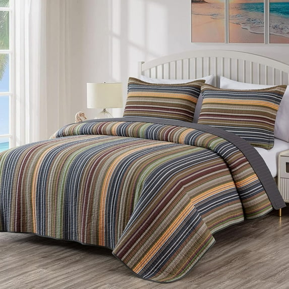 Chezmoi Collection Avery Striped Cotton Quilt Set Oversized King Size, 3-Piece Soft Pre-Washed 100% Cotton Quilt, Multi-Color Green
