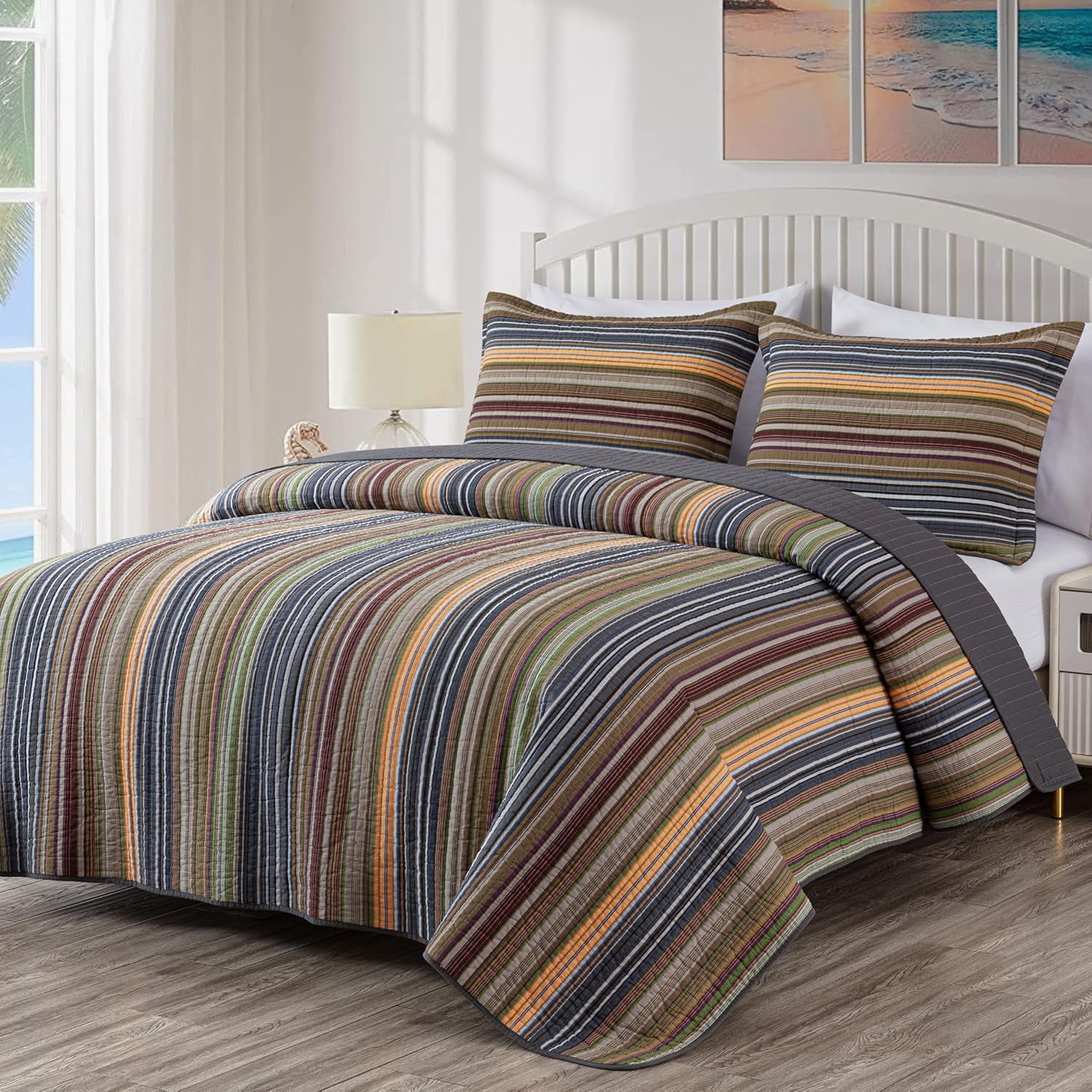 Avery Multi-Color Green Striped Cotton Twin Quilt Set