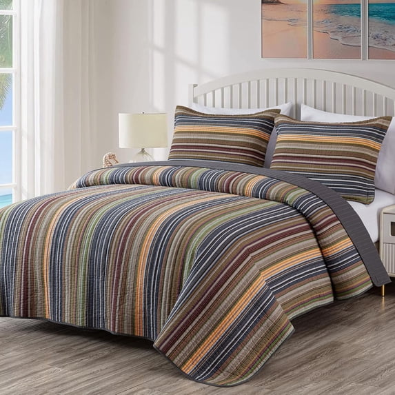 Chezmoi Collection Avery Striped Cotton Quilt Set Twin Size, 2-Piece Soft Pre-Washed 100% Cotton Quilt, Multi-Color Green