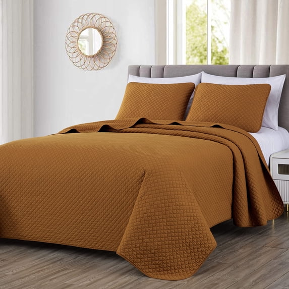 Chezmoi Collection Avon Diamond Geometric Solid Cotton Lightweight Quilt for All Seasons, 3-Piece Quilt Set, King, Spice Orange