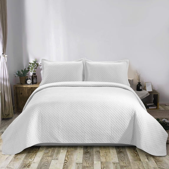 Chezmoi Collection Avon Diamond Geometric Solid Cotton Lightweight Quilt for All Seasons, 3-Piece Quilt Set, King, White