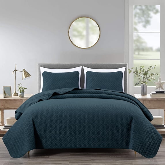 Chezmoi Collection Avon Diamond Geometric Solid Cotton Lightweight Quilt for All Seasons, 3-Piece Quilt Set, Queen, Dark Blue