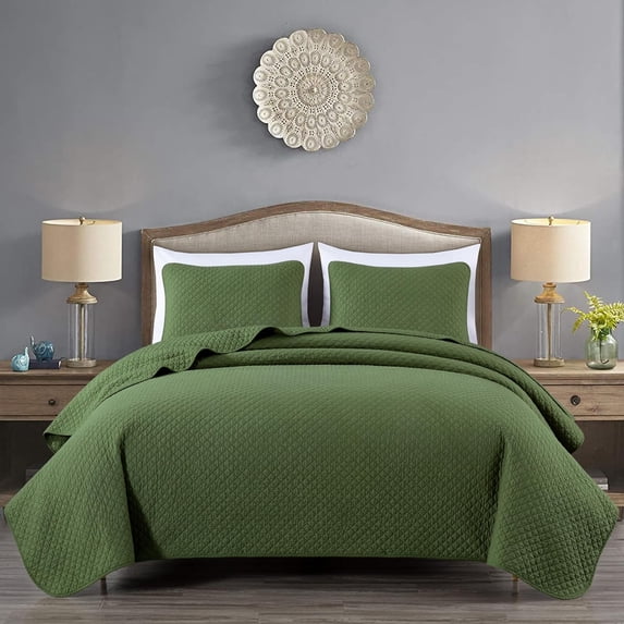 Chezmoi Collection Avon Diamond Geometric Solid Cotton Lightweight Quilt for All Seasons, 3-Piece Quilt Set, Queen, Loden Green