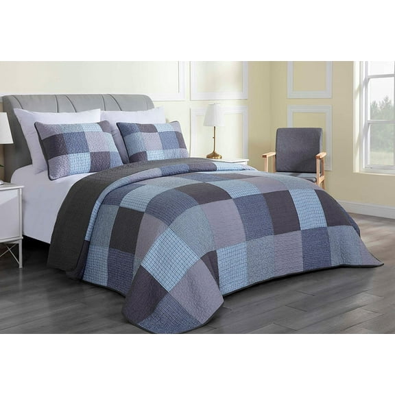 Chezmoi Collection Axel 3-Piece Plaid Checkered Grid Patchwork 100% Vintage Washed Cotton Quilt Set, Queen Size