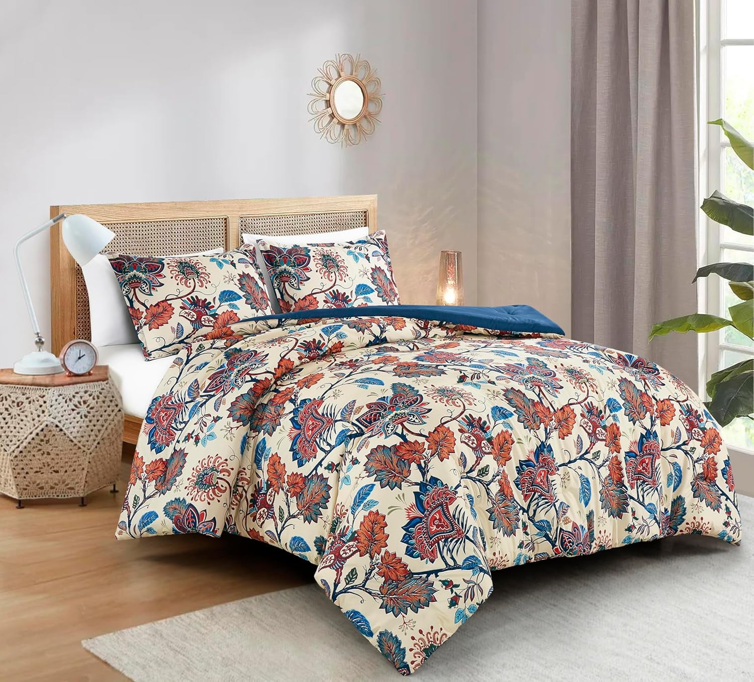 Chezmoi Collection Azura 3-Piece Floral Comforter Set Full, Multicolor Blue Red Orange Cream Printed Microfiber Lightweight Bedding Set for All season