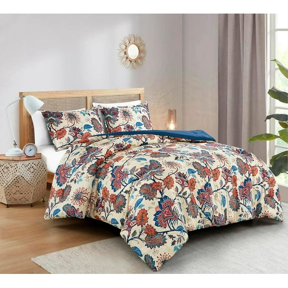 Chezmoi Collection Azura 3-Piece Floral Comforter Set King, Multicolor Blue Red Orange Cream Printed Microfiber Lightweight Bedding Set for All season
