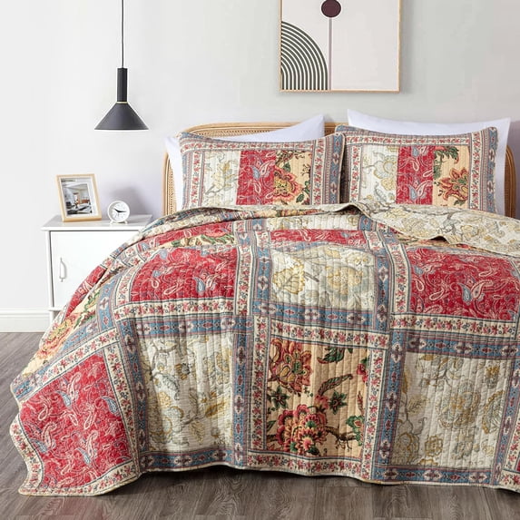 Chezmoi Collection Bambi 3-Piece Vintage Washed Patchwork Cotton Quilt Set, Soft Lightweight Breathable Reversible Floral Quilted Bedspread for All Seasons. Queen Size