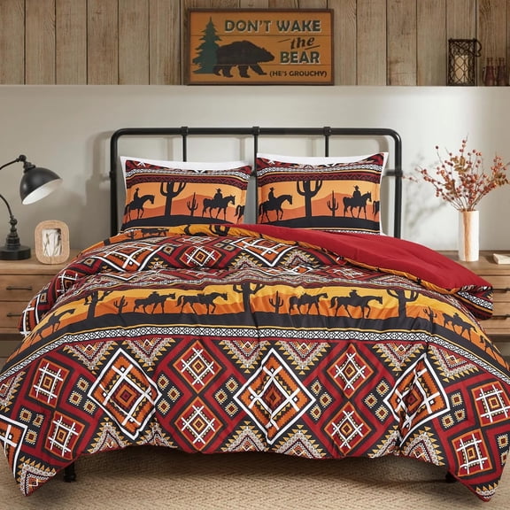 Chezmoi Collection Barrett 3-Piece Southwestern Sunset Cowboys Comforter Set, Multicolor Red Orange Black White Printed Washed Microfiber Bedding, Full