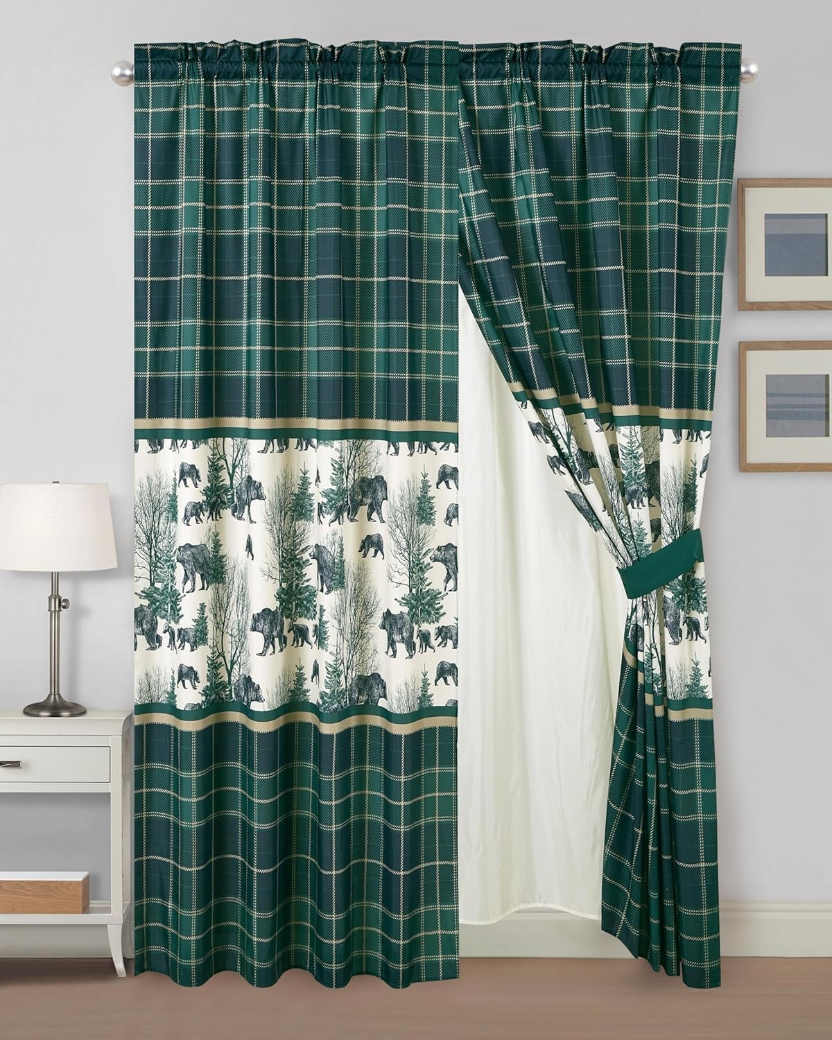 Blue Green Grizzly Bear Lodge Window Curtain Set with Sheer Backing