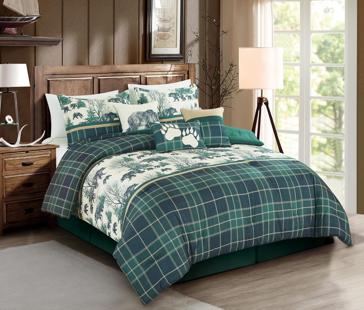 Queen Blue Microfiber Lodge Comforter Set with Bear Print
