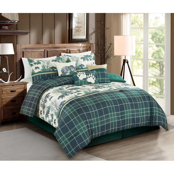 Chezmoi Collection Basin 7-Piece Northwest Cabin Lodge Comforter Set, Blue Green Ivory Tan Grizzly Bear Pine Tree Wilderness Printed Microfiber Bedding, California King