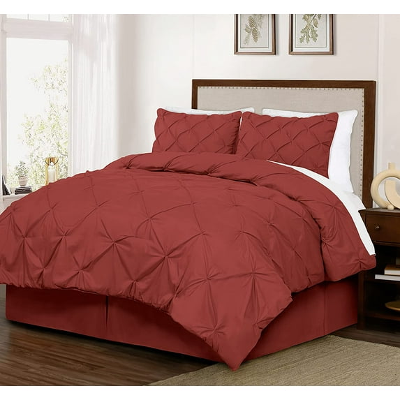 Chezmoi Collection Berlin 3-Piece Pinch Pleated Pintuck Comforter Set, Queen, Marsala